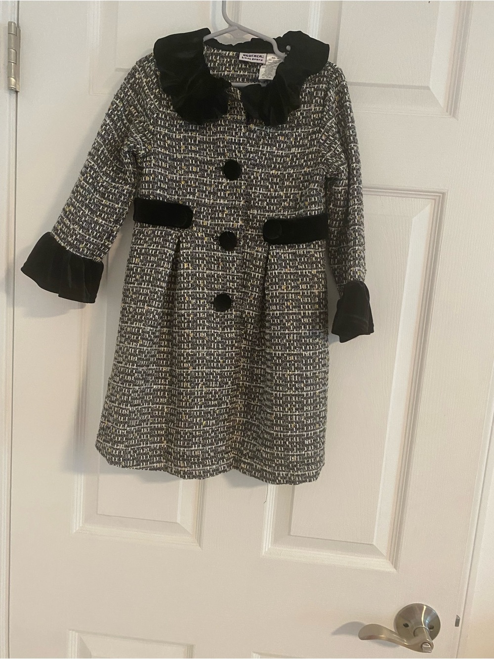Blueberi Boulevard Black and White Tweed Girls Pea Coat with Velvet Trim